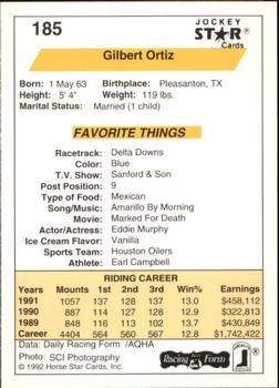 1992 Jockey Star #185 Gilbert Ortiz Back